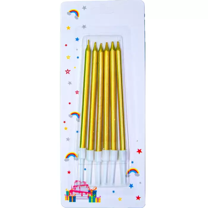 Dekoratif Uzun Pasta Mumu Gold Renk 6lı 13 cm İnce Uzun Pasta Mumu