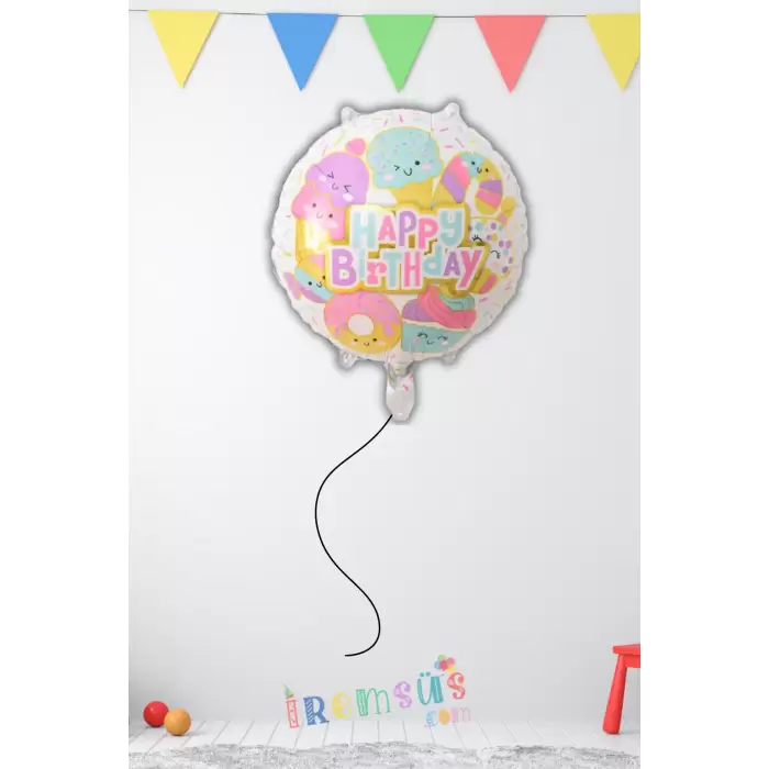 Dondurma Temalı Yuvarlak Happy Birthday Folyo Balon 18 45 Cm Dondurma Konsept Parti Balonu