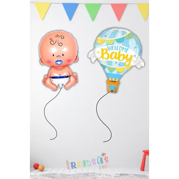 Erkek Bebek Welcome Baby Balon Seti 2 Adet Balon Yeni Doğum Parti