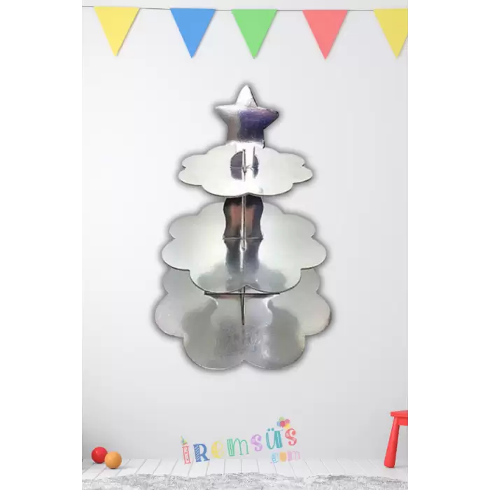 Gümüş Konsept Doğum Günü Partisi 3 Katlı Parlak Cupcake Standı Gümüş Renk Süsleme Kek Standı