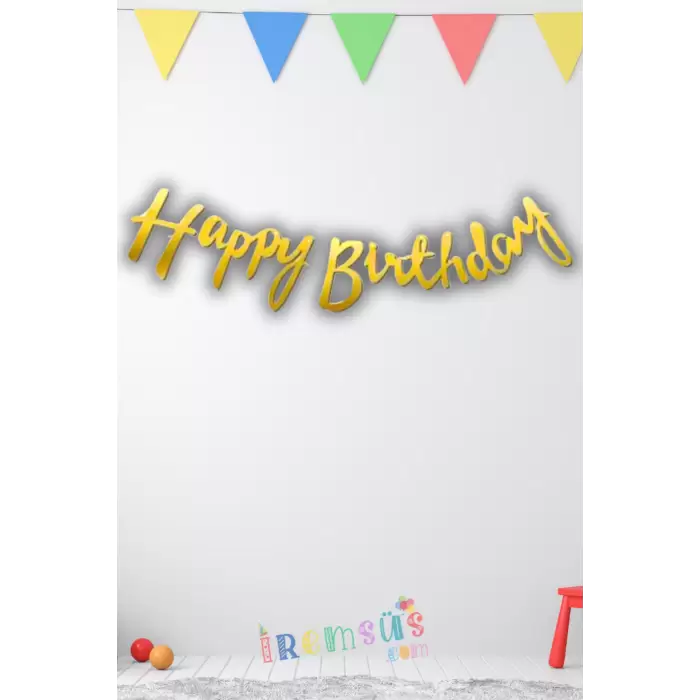 Happy Birthday Yazılı Kaligrafi Banner Yazısı Gold Renk Doğum Günü Partisi 110 cm