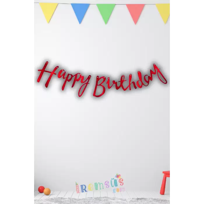 Happy Birthday Yazılı Kaligrafi Banner Yazısı Kırmızı Renk Doğum Günü Partisi 110 cm