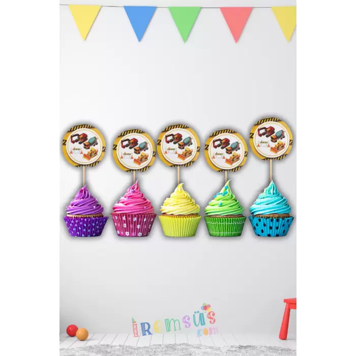 İnşaat Konsept Doğum Günü Partisi Pasta Cupcake Kürdanı 10 lu İnşaat Tema Süsleme