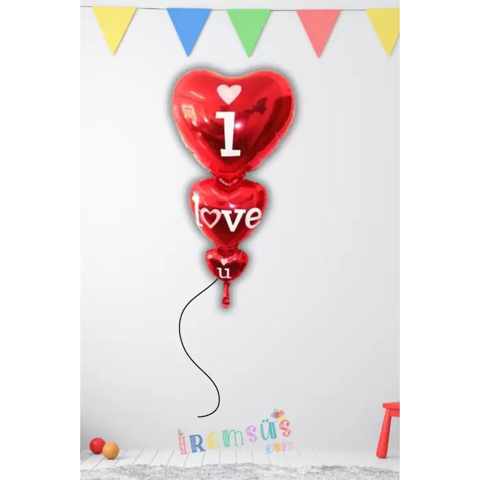 Kırmızı Renk 3 lü Birleşik Folyo Helyum I love U Balon Sevgililer Günü Sürpriz Balon