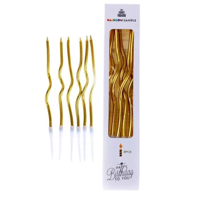 Kıvrımlı Gold Renk Zikzak Pasta Mumu 6 lı 12cm