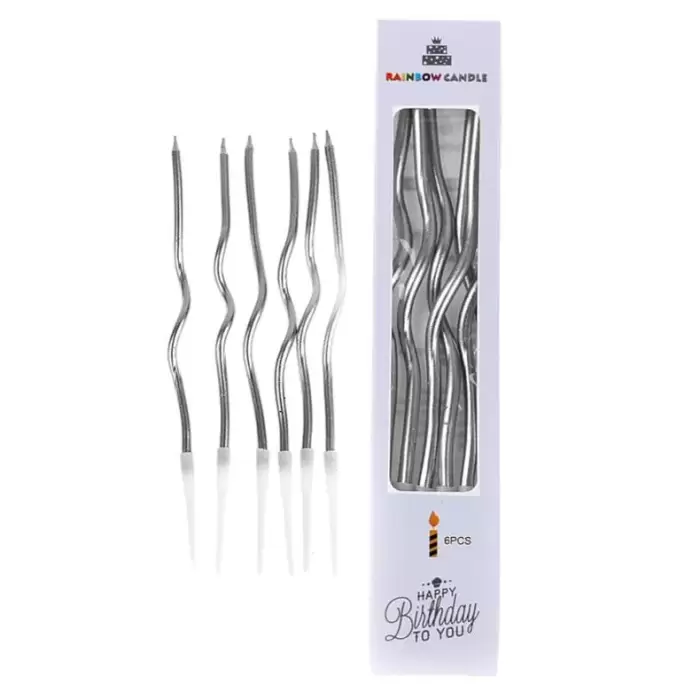 Kıvrımlı Gümüş Renk Zikzak Pasta Mumu 6 lı 12cm