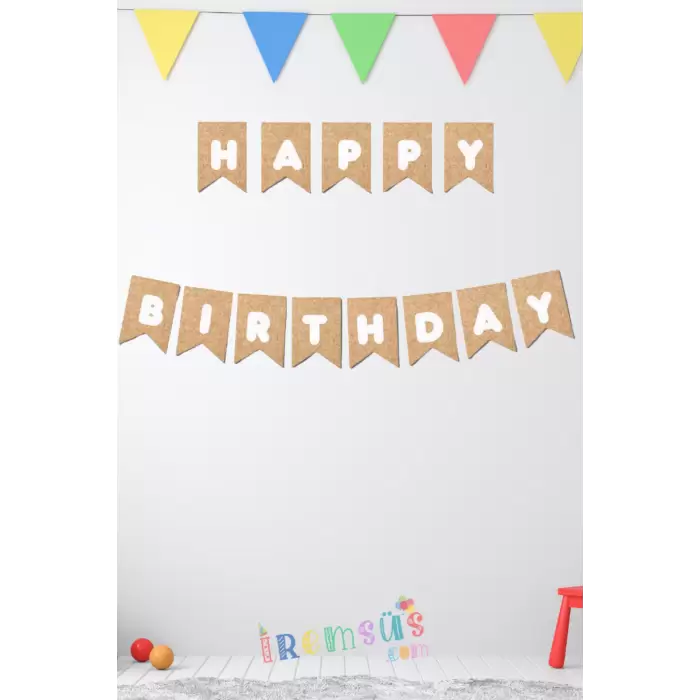 Kraft Renk Beyaz Yazılı Happy Birthday Banner Süsleme Kraft Doğum Günü Yazısı