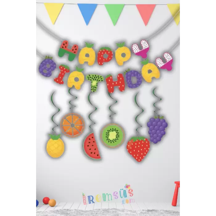 Meyve Konsept Doğum Günü Patisi Happy Birthday Banner 6lı Tavan Süs Paketi Ekonomik Paket Süsleme