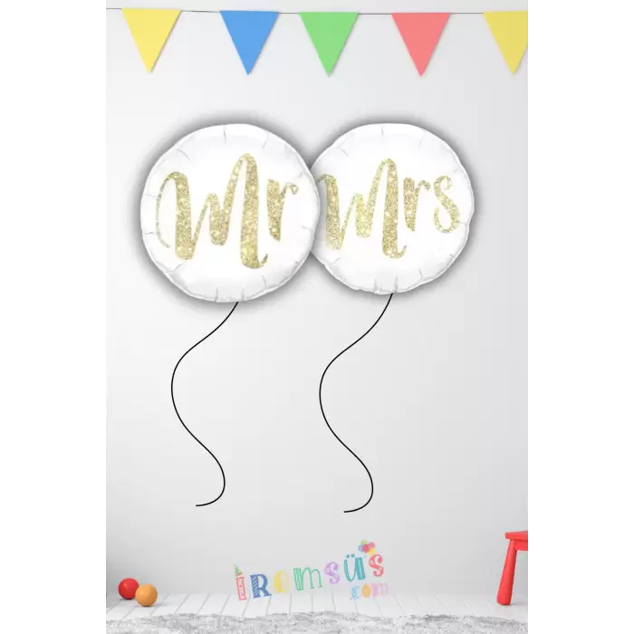 Mr & Mrs Yazılı Gold Beyaz Renk Yuvarlak 2li Folyo Balon Seti 45 cm Düğün Bride To Be Süsleme Balonu