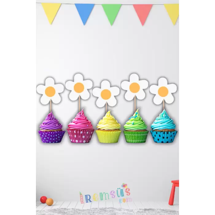 Papatya Konsept Doğum Günü Pasta Cupcake Süsleme Kürdanı 10 Adet Papatya Tema Parti Süsü