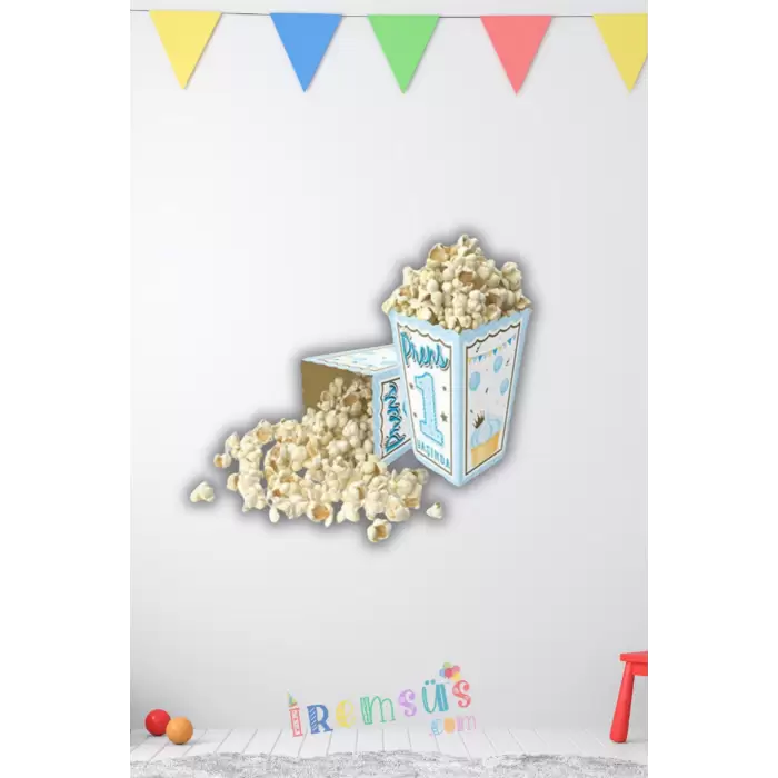 Prens 1 Yaşında Baskılı Mavi Renkli Mısır Kutusu Popcorn 8 li Erkek Bebek 1 Yaş Süslemesi