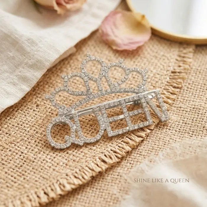 Queen Yazılı Gümüş Renk Taşı Toka Bride ve Birthday Tokası