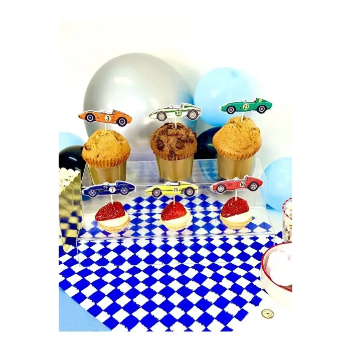 Retro Yarışcı Tema Doğum Günü Partisi Cupcake Süslemesi 12 Adet Yarışcı Konsept Süsleme