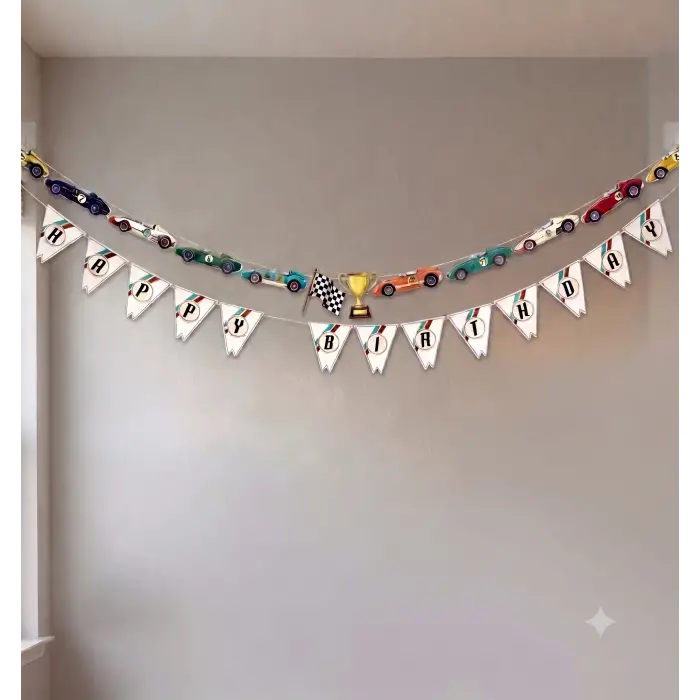 Retro Yarışcı Tema Doğum Günü Partisi Happy Birthday Banner + Dekoratif Banner Yarışcı Konsept Süs
