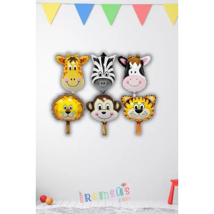 Safari Konsept Doğum Günü 6 lı Mini Hayvan Figür Set Folyo Balon 35 CM Safari Doğum Günü