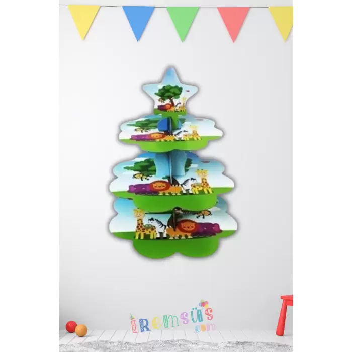 Safari Konsept Doğum Günü Partisi 3 Katlı Cupcake Standı Safari Tema Süsleme Kek Standı