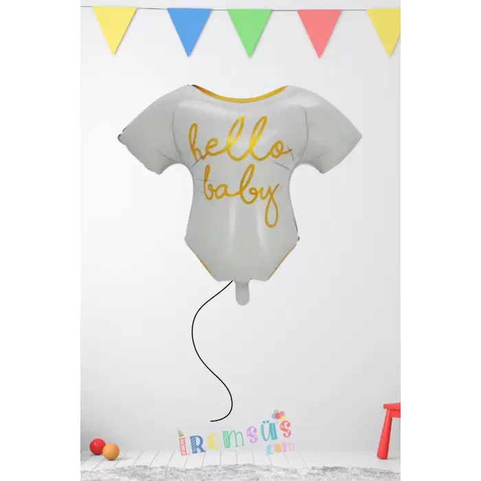 Tisört Şekilli Hello Baby Yazılı Folyo Balon Beyaz-Gold Renk 62*61 cm Bebek Yeni Doğum Süslemesi