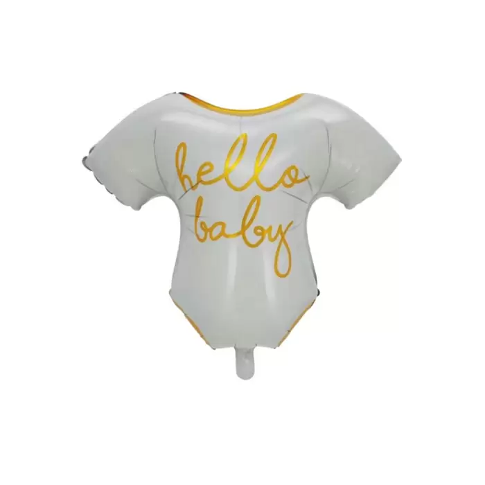 Tisört Şekilli Hello Baby Yazılı Folyo Balon Beyaz-Gold Renk 62*61 cm Bebek Yeni Doğum Süslemesi