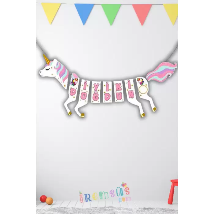 Unicorn Karakterli Boynuzlu At Temalı Pony Parti Konsept 2 M Iyiki Doğdun Yazısı 3d Banner