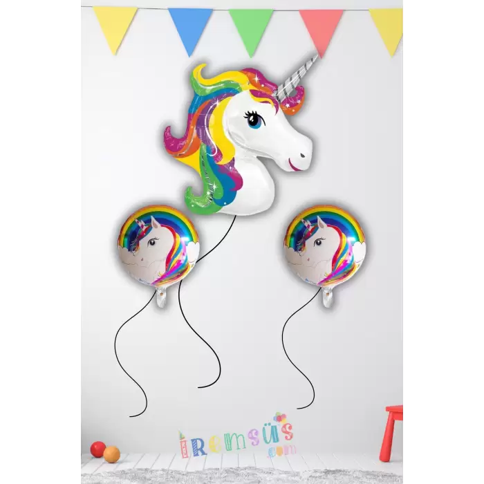 Unicorn Konsept Doğum Günü Partisi 3 lü Folyo Helyum Balon Seti Unicorn Süsleme