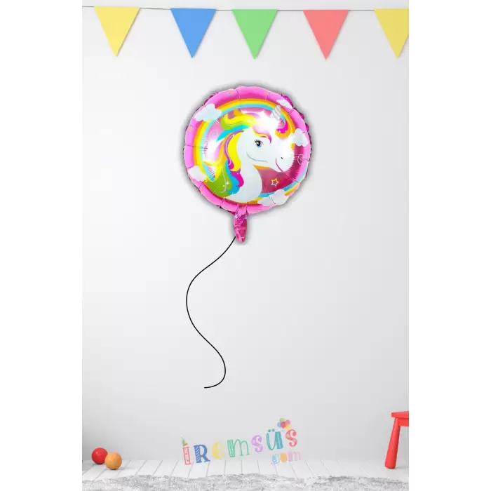 Unicorn Konsrpt Doğum Günü Yuvarlak Folyo Helyum Balon 18 Unicorn Tema Balon Süslemesi