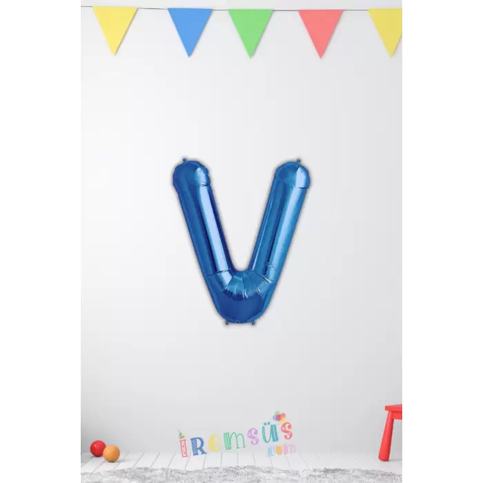 V Harf Mavi Renk Folyo Balon 40 Cm