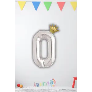 0 Rakam Doğum Günü Kral Taçlı Gümüş Renk Rakam Folyo Balon 0 Rakamı Folyo Balon Seti