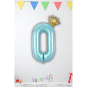 0 Rakam Doğum Günü Kral Taçlı Mavi Renk Rakam Folyo Balon 0 Rakamı Folyo Balon Seti