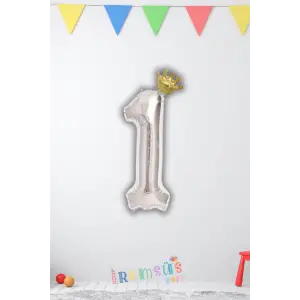 1 Yaş Doğum Günü Kral Taçlı Gümüş Renk Rakam Folyo Balon 1 Rakamı Folyo Balon Seti