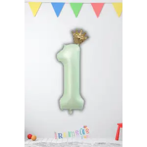 1 Yaş Doğum Günü Kral Taçlı Su Yeşili Renk Rakam Folyo Balon Yaş Doğum Günü Folyo Balon Seti