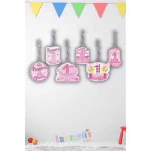 1 Yaş Doğum Günü Partisi Pembe Renk 6 lı Tavan Sarkıt Süs Kız Bebek Doğum Günü Süslemesi