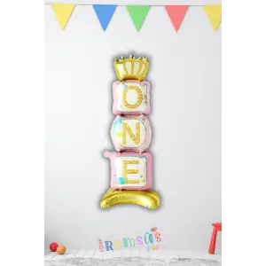 1 Yaş Doğum Günü Partisi Pembe Renk Ayaklı ONE Yazılı Folyo Balon 100 cm Kız 1 Yaş Partisi Balonu