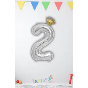 2 Yaş Doğum Günü Kral Taçlı Gümüş Renk Rakam Folyo Balon 2 Rakamı Folyo Balon Seti