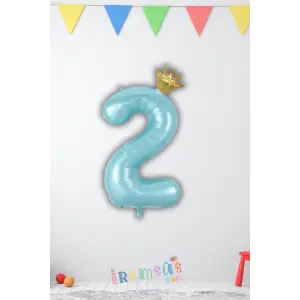 2 Yaş Doğum Günü Kral Taçlı Mavi Renk Rakam Folyo Balon 2 Rakamı Folyo Balon Seti