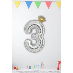 3 Yaş Doğum Günü Kral Taçlı Gümüş Renk Rakam Folyo Balon 3 Rakamı Folyo Balon Seti