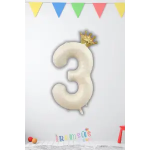 3 Yaş Doğum Günü Kral Taçlı Krem Renk Rakam Folyo Balon 3 Yaş Doğum Günü Folyo Balon Seti