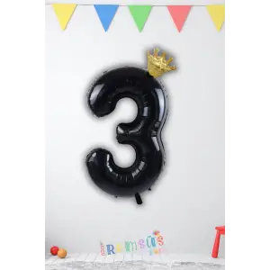 3 Yaş Doğum Günü Kral Taçlı Siyah Renk Rakam Folyo Balon 3 Rakamı Folyo Balon Seti
