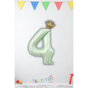 4 Yaş Doğum Günü Kral Taçlı Su Yeşili Renk Rakam Folyo Balon Yaş Doğum Günü Folyo Balon Seti