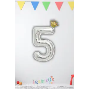5 Yaş Doğum Günü Kral Taçlı Gümüş Renk Rakam Folyo Balon 5 Rakamı Folyo Balon Seti