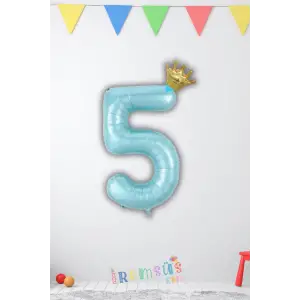 5 Yaş Doğum Günü Kral Taçlı Mavi Renk Rakam Folyo Balon 5 Rakamı Folyo Balon Seti