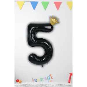 5 Yaş Doğum Günü Kral Taçlı Siyah Renk Rakam Folyo Balon 5 Rakamı Folyo Balon Seti