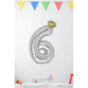 6 Yaş Doğum Günü Kral Taçlı Gümüş Renk Rakam Folyo Balon 6 Rakamı Folyo Balon Seti