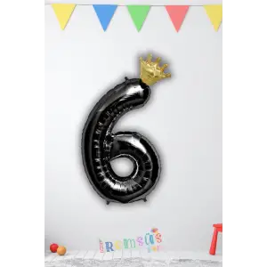 6 Yaş Doğum Günü Kral Taçlı Siyah Renk Rakam Folyo Balon 6 Rakamı Folyo Balon Seti