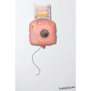 Retro Fotoğraf Makinesi Folyo Helyum Balon 75 cm Pembe Renk Kamera Folyo Balon