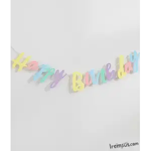 Makaron Renk Doğum Günü Partisi Happy Birthday Banner Yazı 110 Cm Makaron Konsept Süsleme