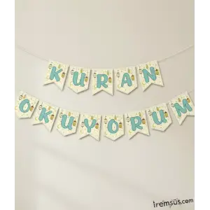 Kuran Okuyorum Yazısı Banner Bej Mavi Renk 2mt Kuran Okuma Partisi Süslemesi