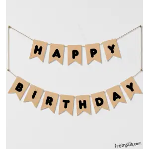 Kraft Renk Siyah Yazılı Happy Birthday Banner Süsleme Kraft Doğum Günü Yazısı