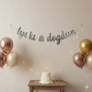 İyi ki Doğdun Yazılı Kaligrafi Banner Yazısı Gümüş Renk Doğum Günü 135 cm