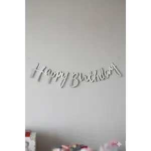 Happy Birthday Yazılı Kaligrafi Banner Yazısı Gümüş Renk Doğum Günü Partisi 110 cm