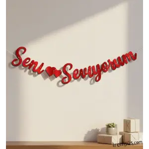 Seni Seviyorum Yazılı Kaligrafi Banner Yazısı Kırmızı Renk Sevgili Sürprizi